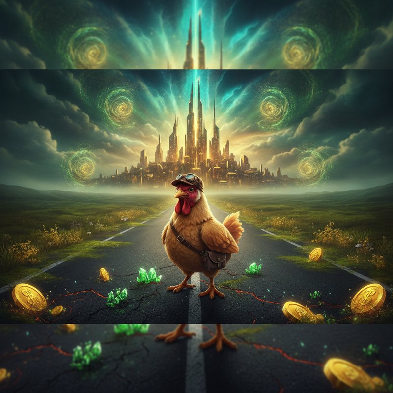 Chicken Road 2 di InOut: una gallina con cuffia da aviatore e borsa a tracolla ferma in mezzo a una strada crepata, monete d'oro e cristalli verdi sparsi sull'asfalto, sullo sfondo una città dorata sotto nuvole scure